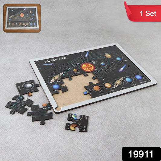 Close-up of wooden solar system puzzle pieces showing interlocking planets