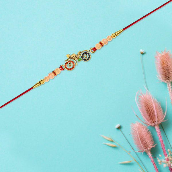 Motorbike Theme Rakhi With Golden Bike Charm And Pearl Beads  Trendy Raksha Bandhan Bracelet For Brother