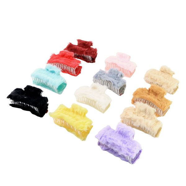 Soft Velvet Furry Hair Clutcher Clips Set (12 Pc)