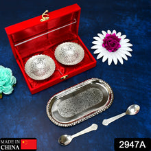2947a Silver Plated 2 Bowl 2 Spoon Tray Set Brass With Red Velvet Gift Box Serving Dry Fruits Desserts Gift