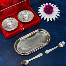 2947a Silver Plated 2 Bowl 2 Spoon Tray Set Brass With Red Velvet Gift Box Serving Dry Fruits Desserts Gift