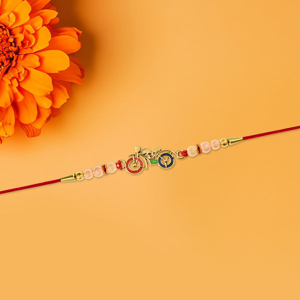 Motorbike Theme Rakhi With Golden Bike Charm And Pearl Beads  Trendy Raksha Bandhan Bracelet For Brother